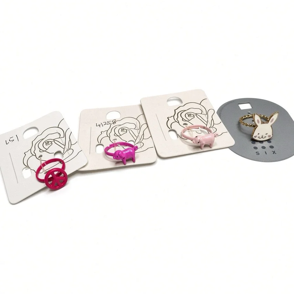 Lot of 4 Cute Enamel Rings – Pink Pig, Magenta Animal, Peace Sign & White Bunny
